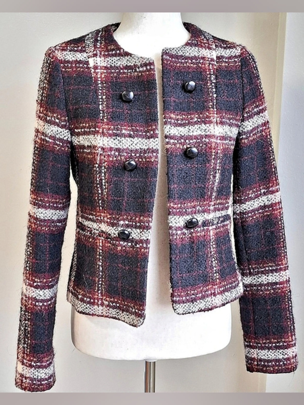 Banana Republic Plaid Tweed Boucle Jacket 6 Wool Alpaca Blend Burgundy Black